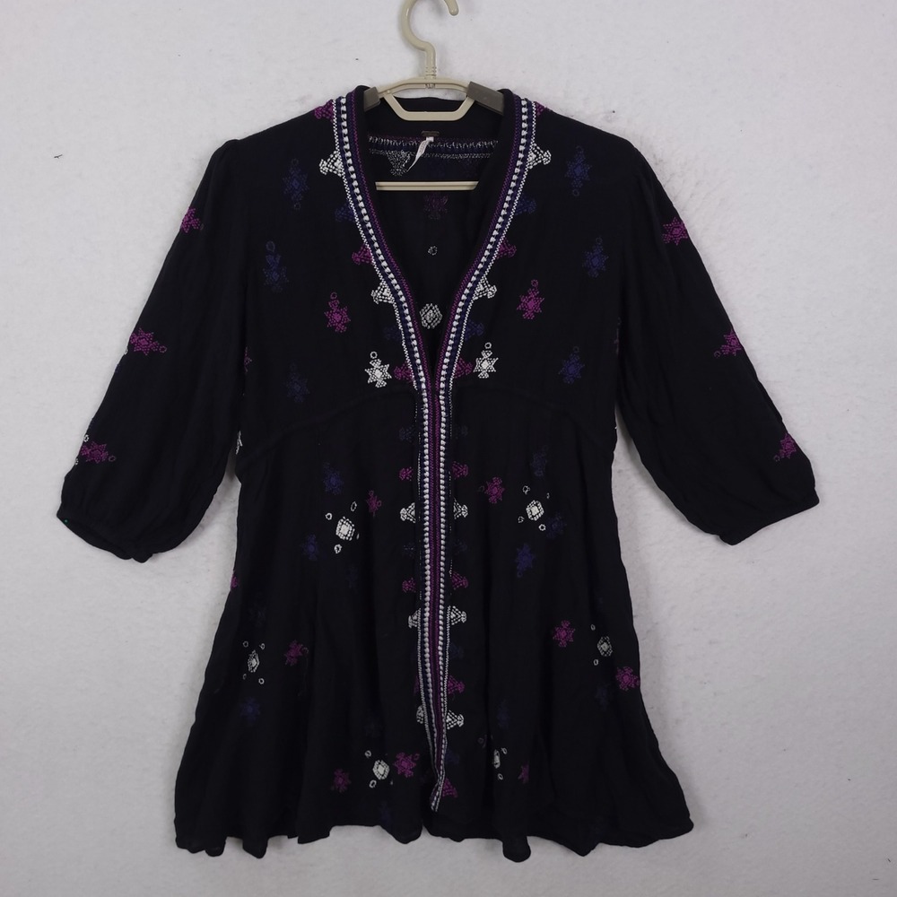 Free People Embroidered Tunic Women Small Black Boho Festival Peasant Top